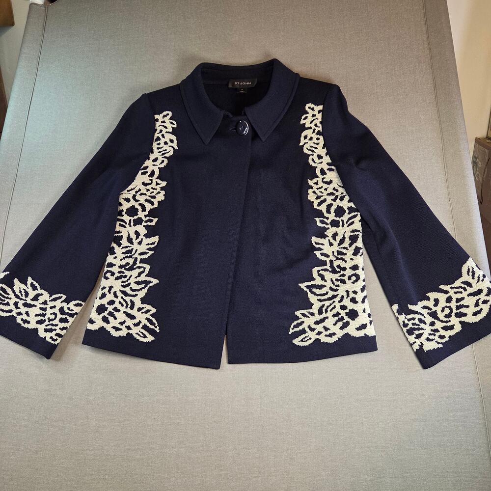 St. John Collection Sweater Blazer Women’s 10 Navy White Knit Jacket USA Made